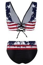 Navy American Flag Printed Wrap Front Bikinis Swimsuits